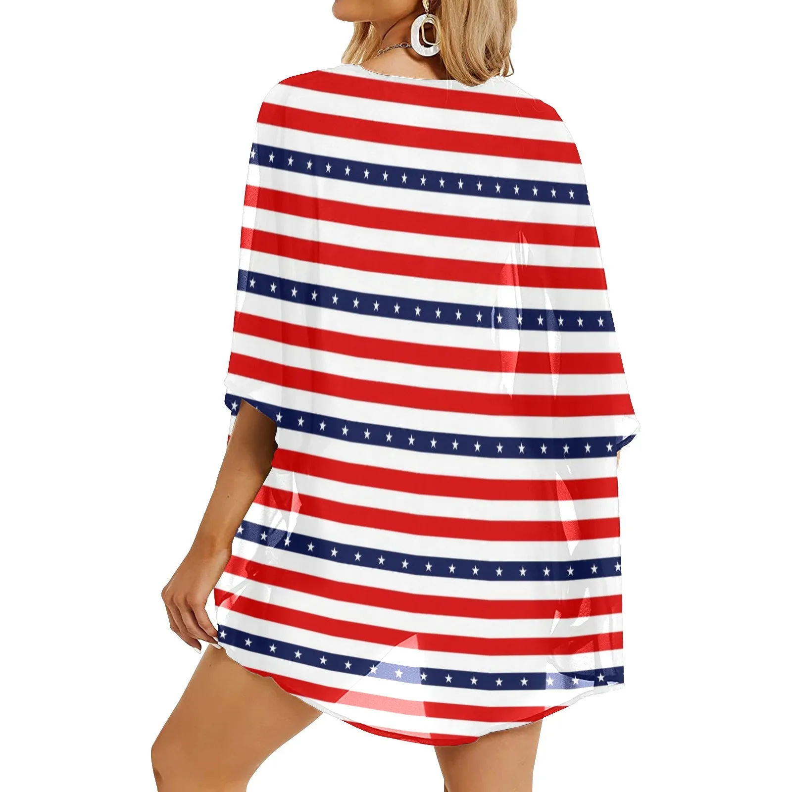 americana stars and stripes striped print 2 Women's Kimono Chiffon Cover Up (Model H51)