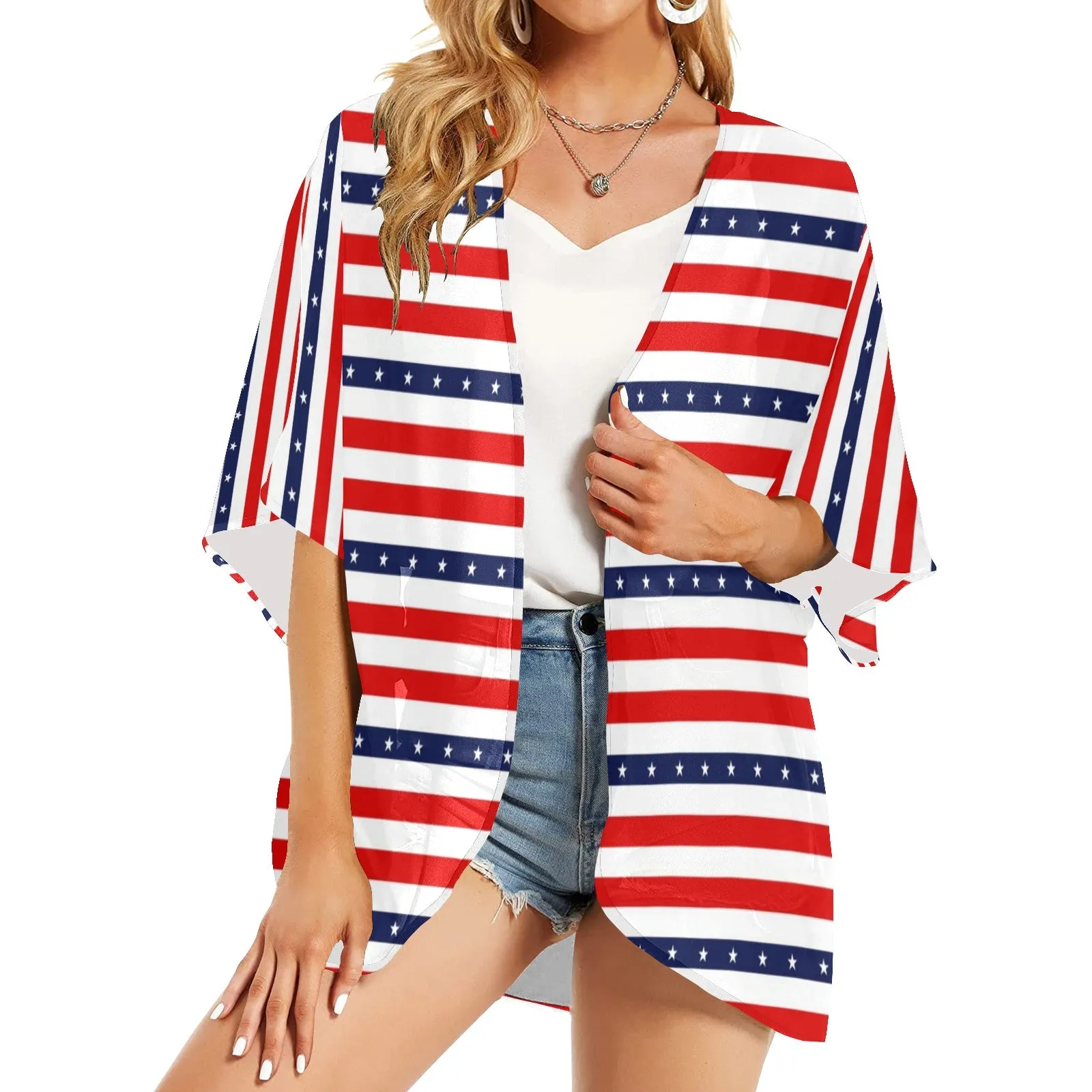 americana stars and stripes striped print 2 Women's Kimono Chiffon Cover Up (Model H51)