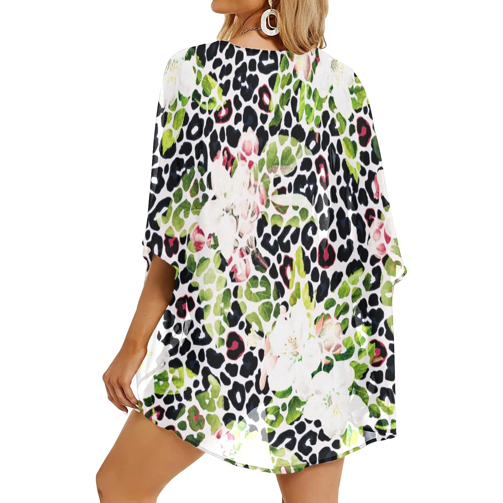 apple blossom leopard print Women's Kimono Chiffon Cover Up (Model H51)