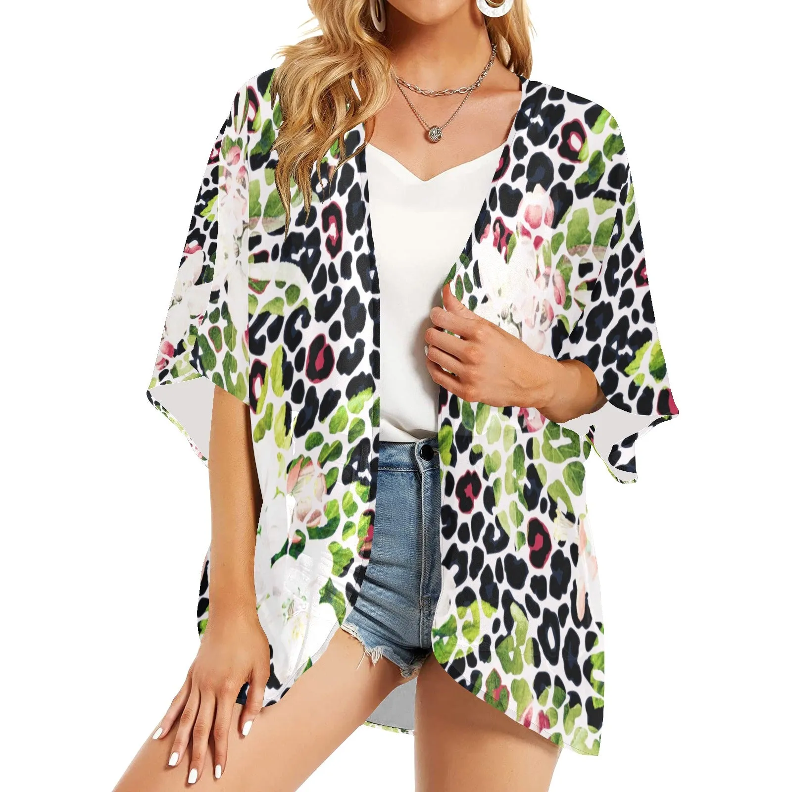 apple blossom leopard print Women's Kimono Chiffon Cover Up (Model H51)