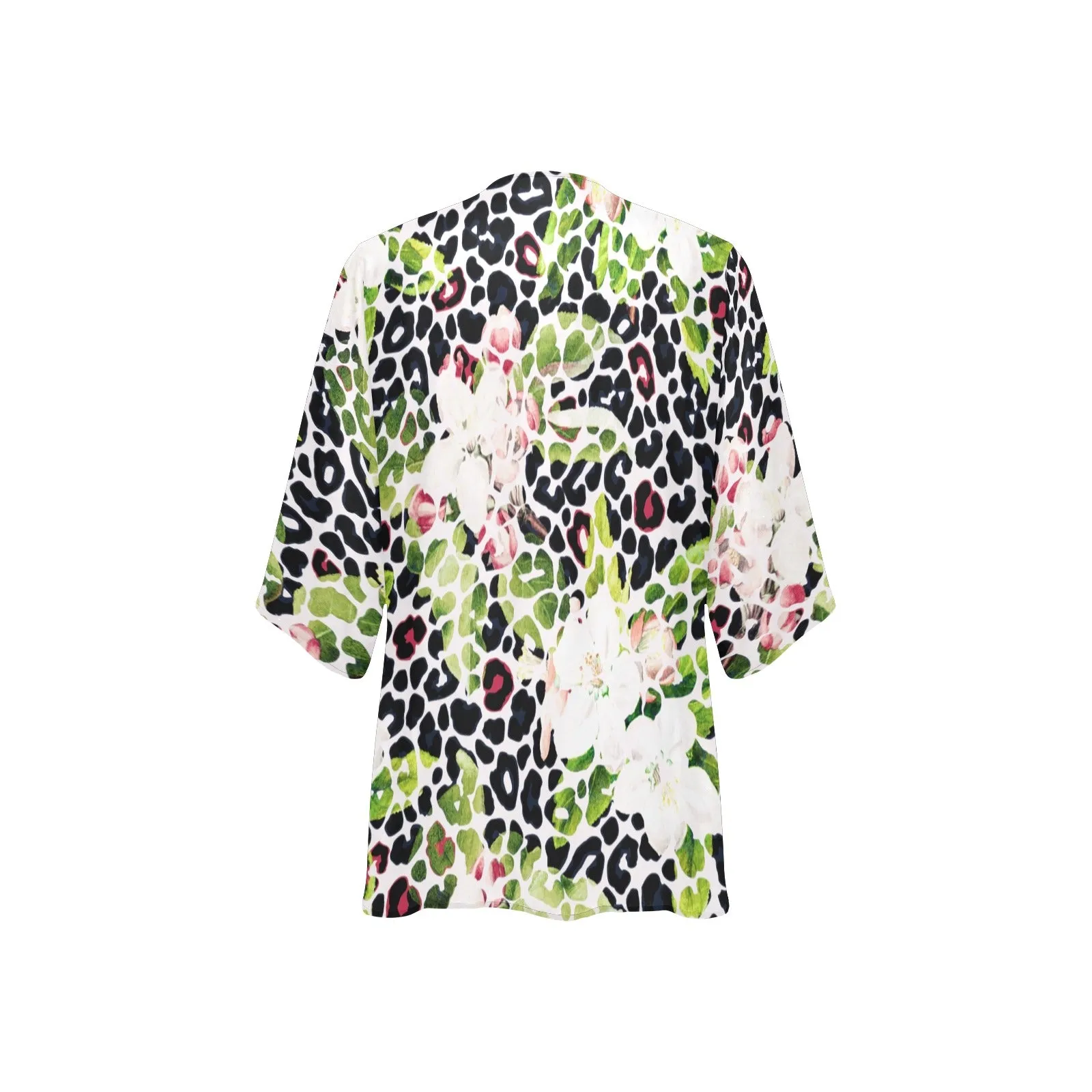 apple blossom leopard print Women's Kimono Chiffon Cover Up (Model H51)