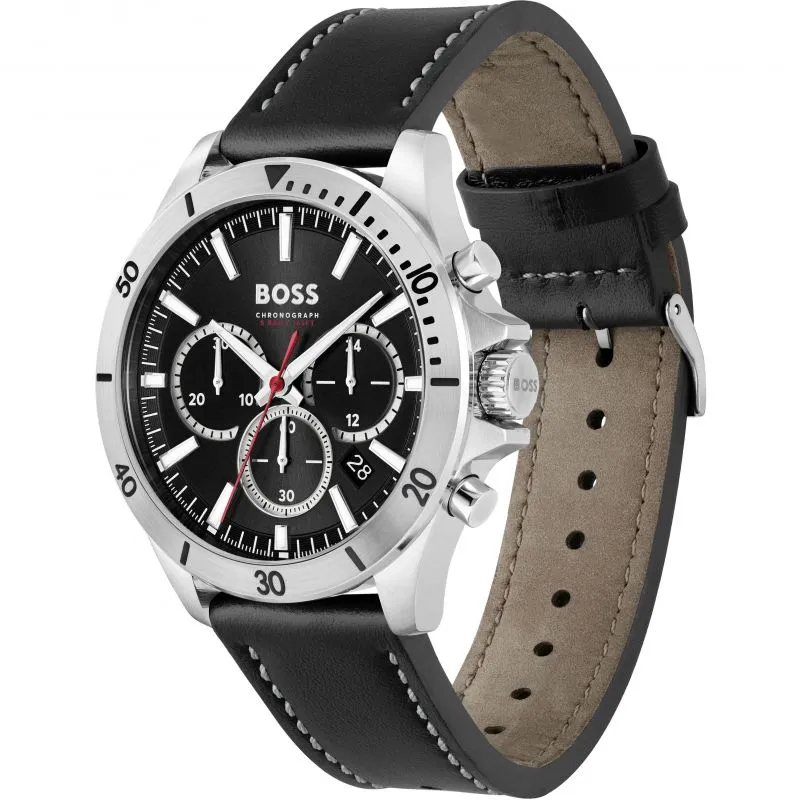BOSS Troper 44mm Black Leather Quartz Men's Watch