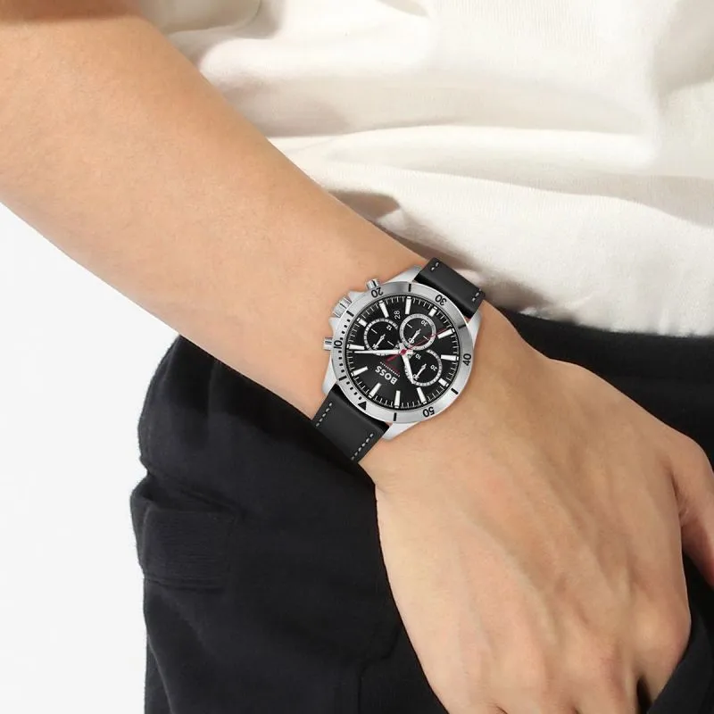 BOSS Troper 44mm Black Leather Quartz Men's Watch