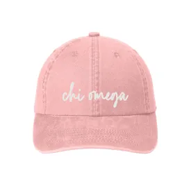 Chi Omega Greek Script Ladies Garment Washed Hat - Light Pink