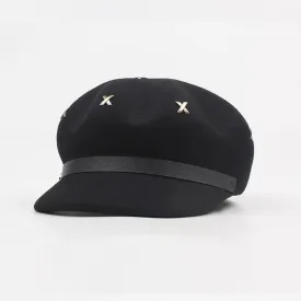 Classic Metal Cross Stud Embellishment Newsboy Hat - Black