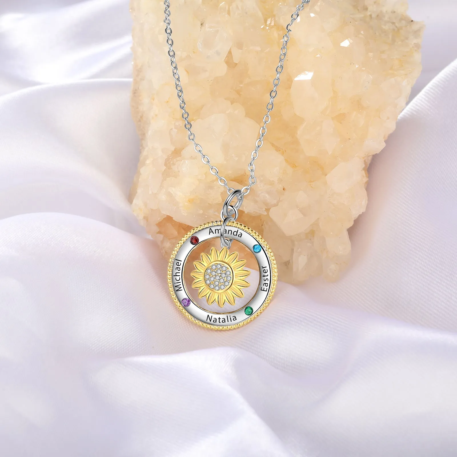 Customized Sunflower Name Necklace with Birthstones