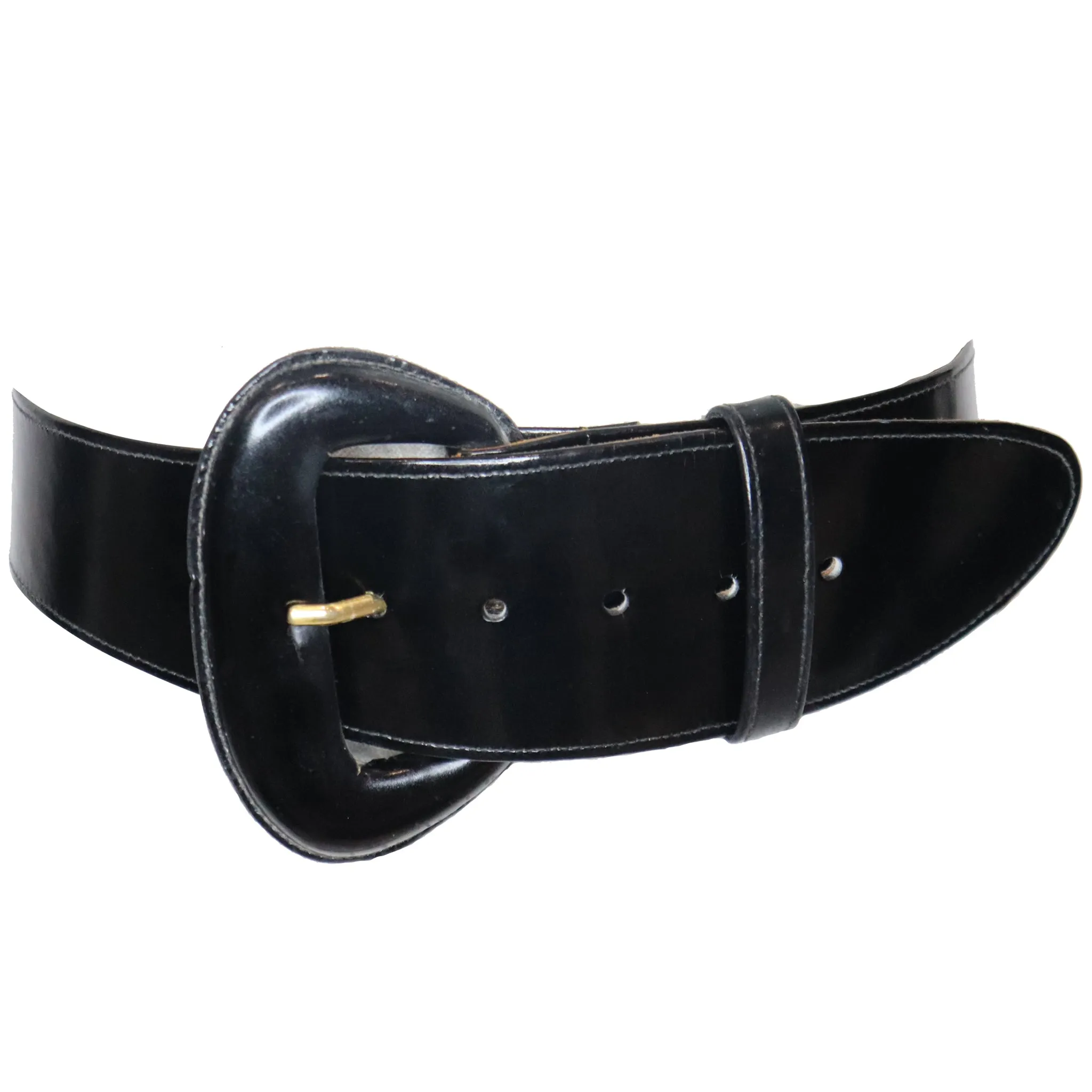 Donna Karan Black High Gloss Box Leather Belt w/ Oval Buckle Circa 1990s