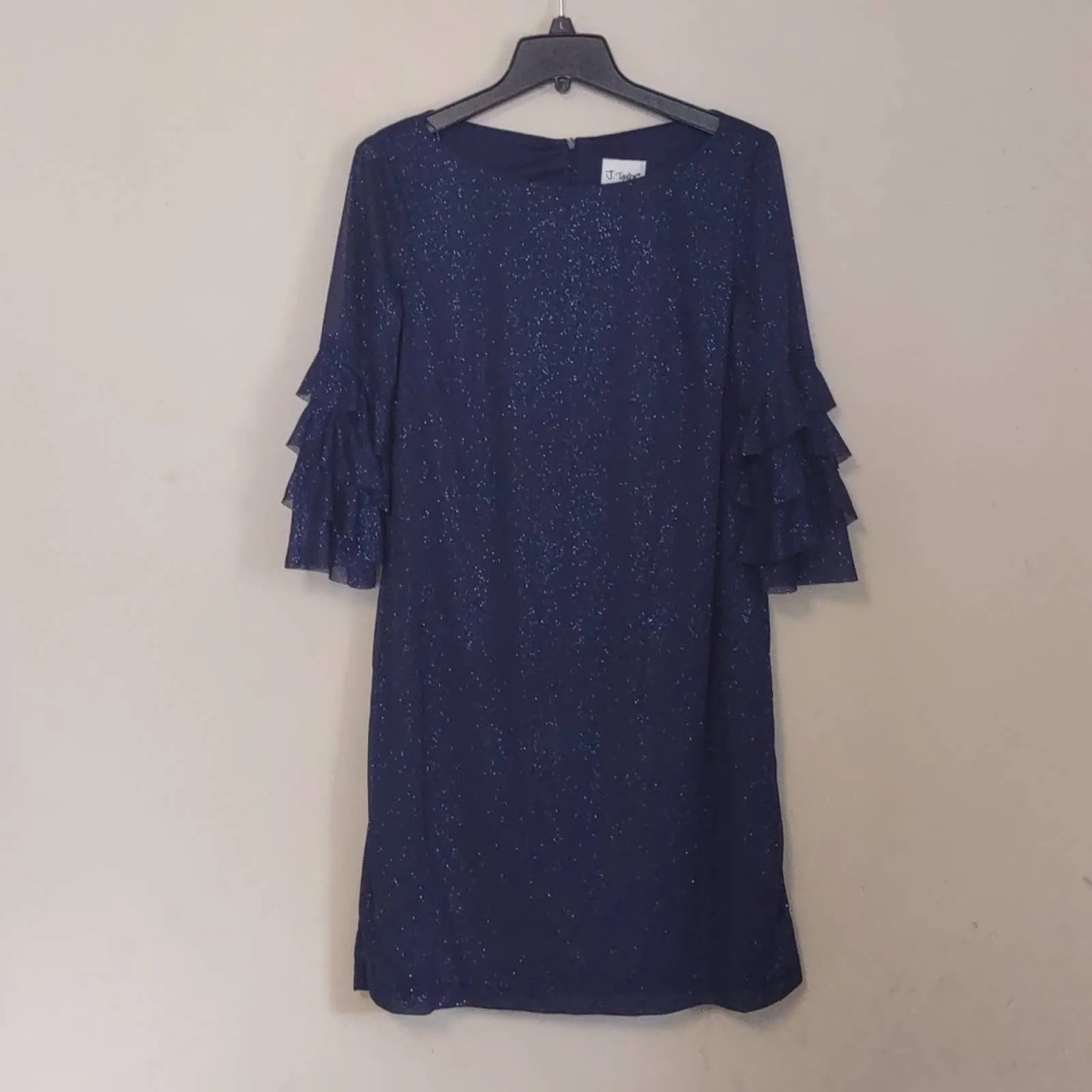 J Taylor Tiered Bell Sleeve Glitter Shift Dress Navy
