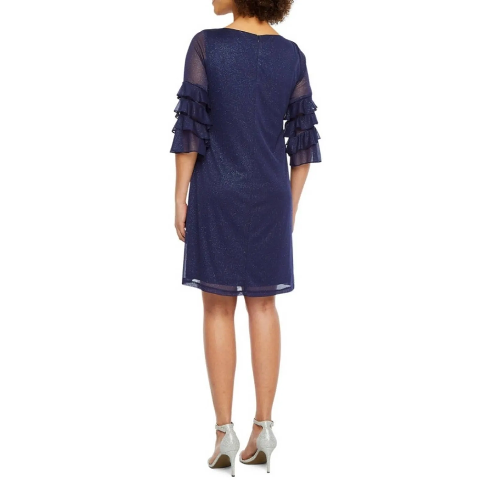 J Taylor Tiered Bell Sleeve Glitter Shift Dress Navy