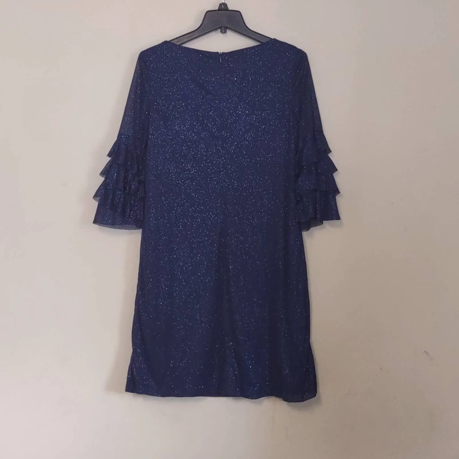 J Taylor Tiered Bell Sleeve Glitter Shift Dress Navy