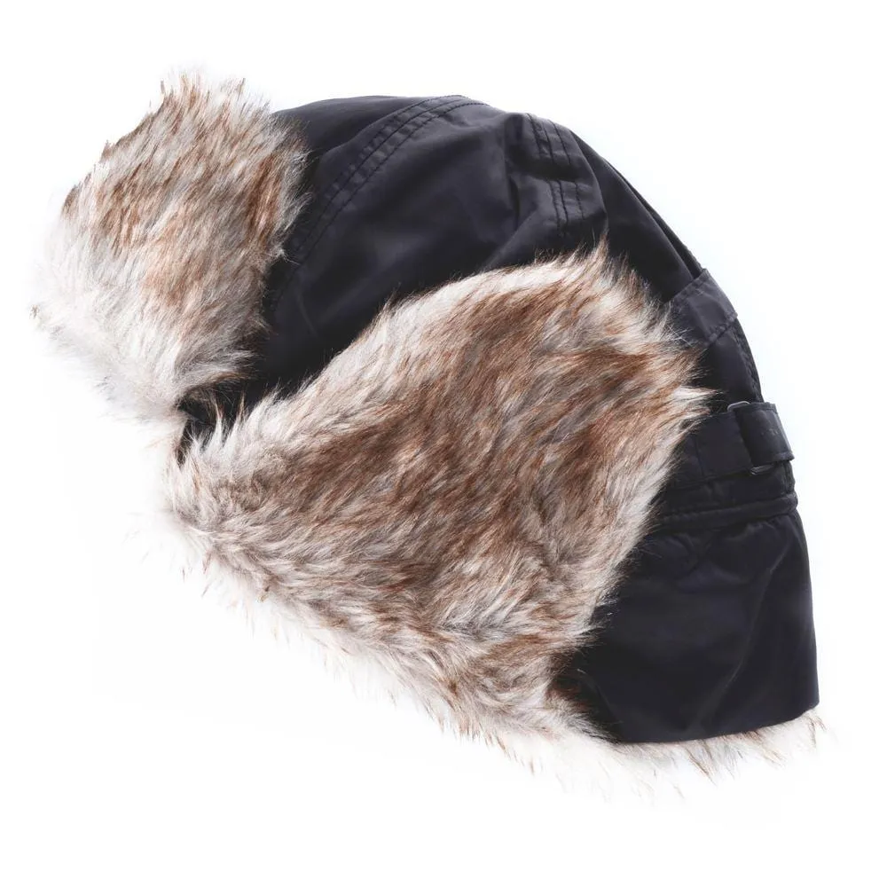 Mens Trapper Hat Faux Fur Trim Ear Flaps Black