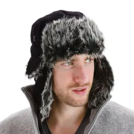 Mens Trapper Hat Faux Fur Trim Ear Flaps Black
