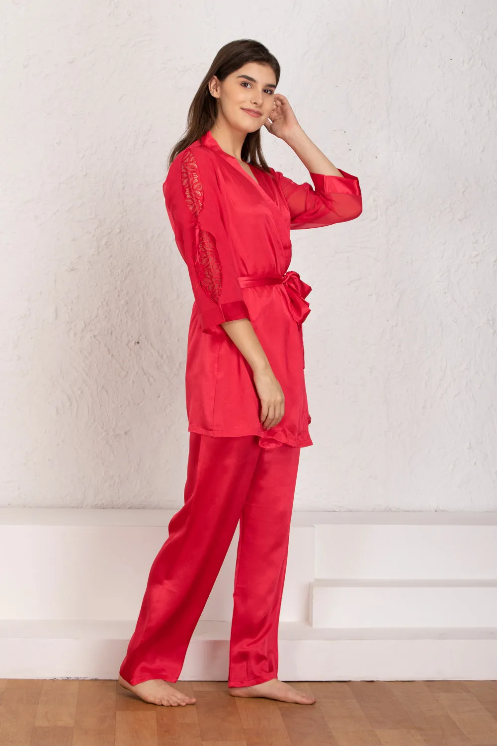 Red satin Night suit with robe