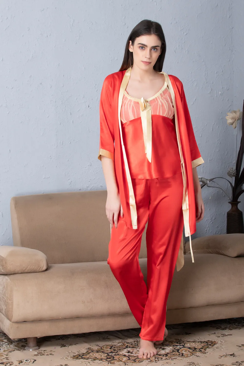 Red satin Night suit with Robe