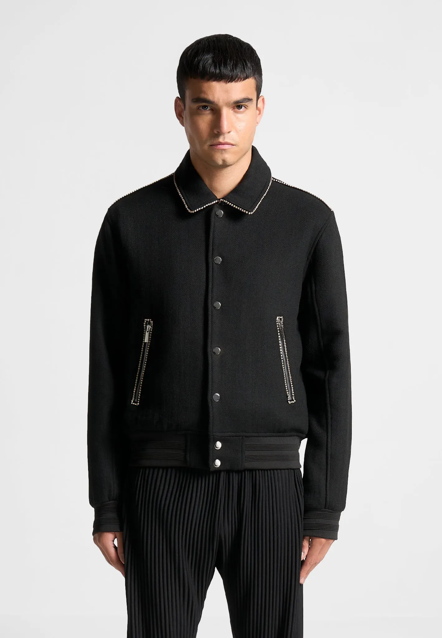 Rhinestone Wool Blend Varsity Jacket - Black