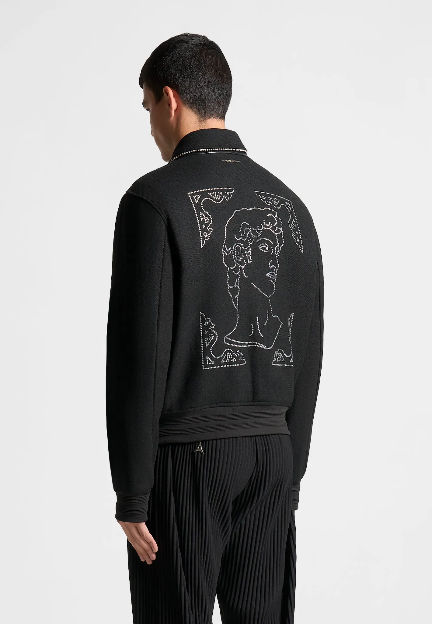 Rhinestone Wool Blend Varsity Jacket - Black