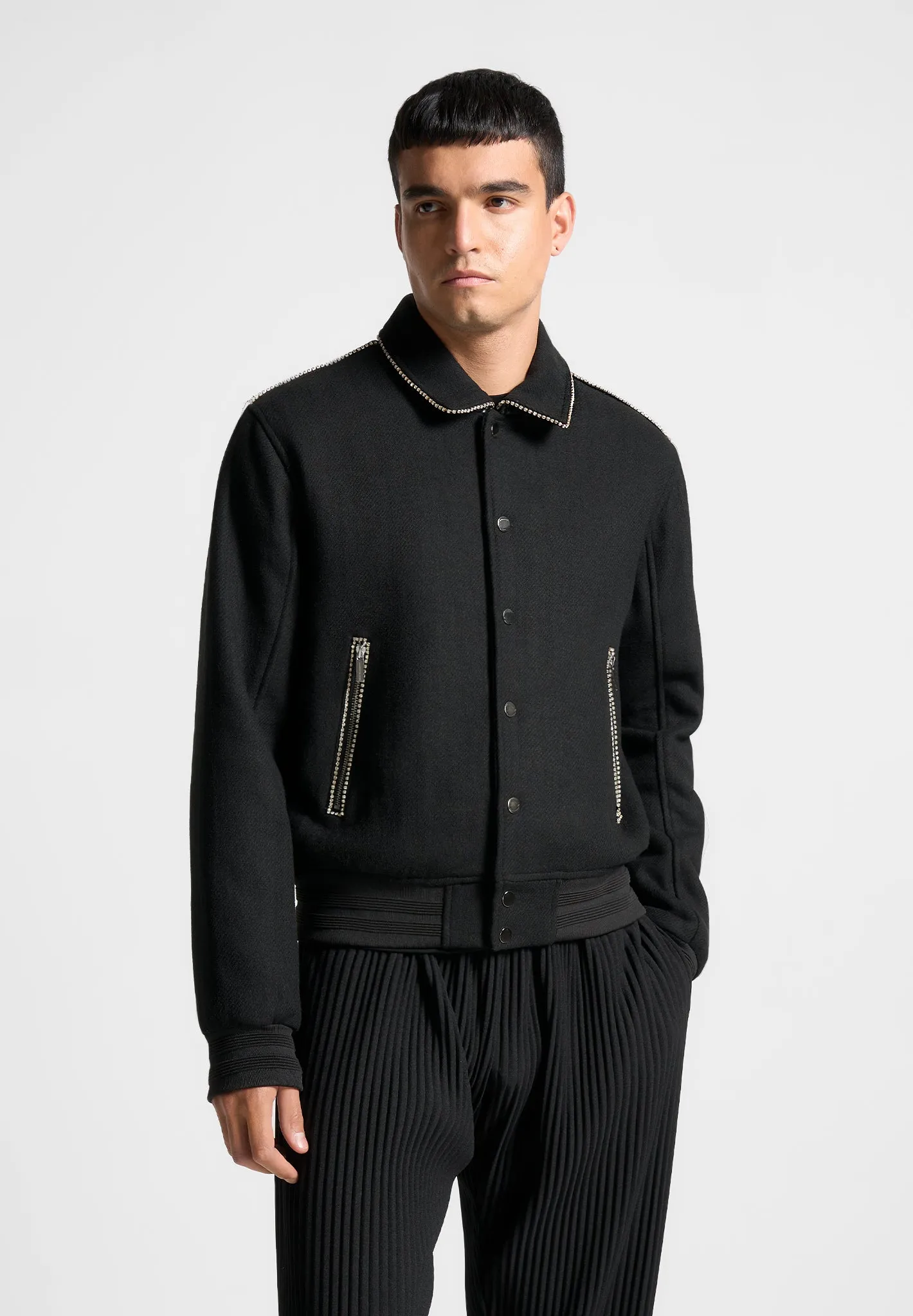 Rhinestone Wool Blend Varsity Jacket - Black