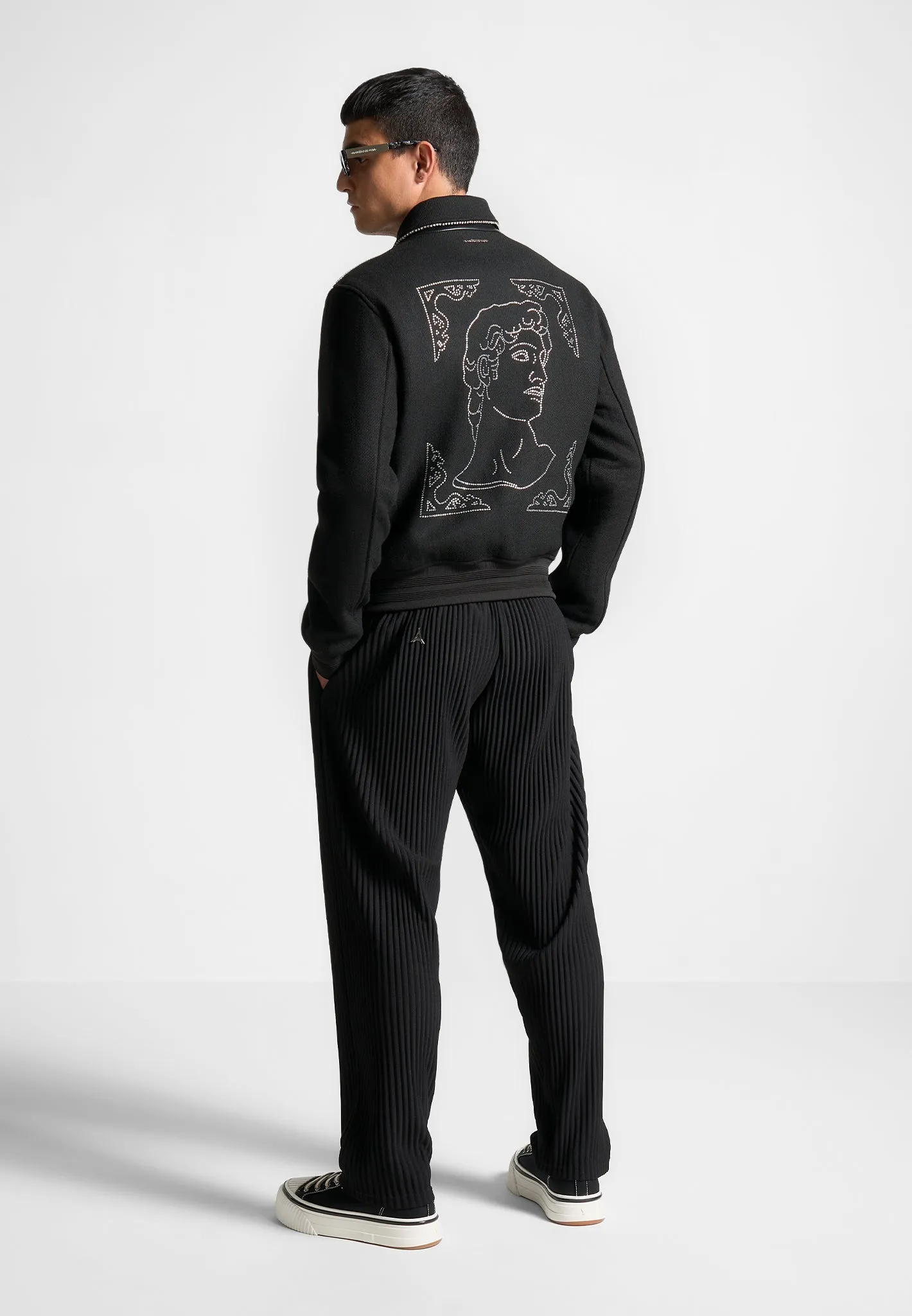 Rhinestone Wool Blend Varsity Jacket - Black