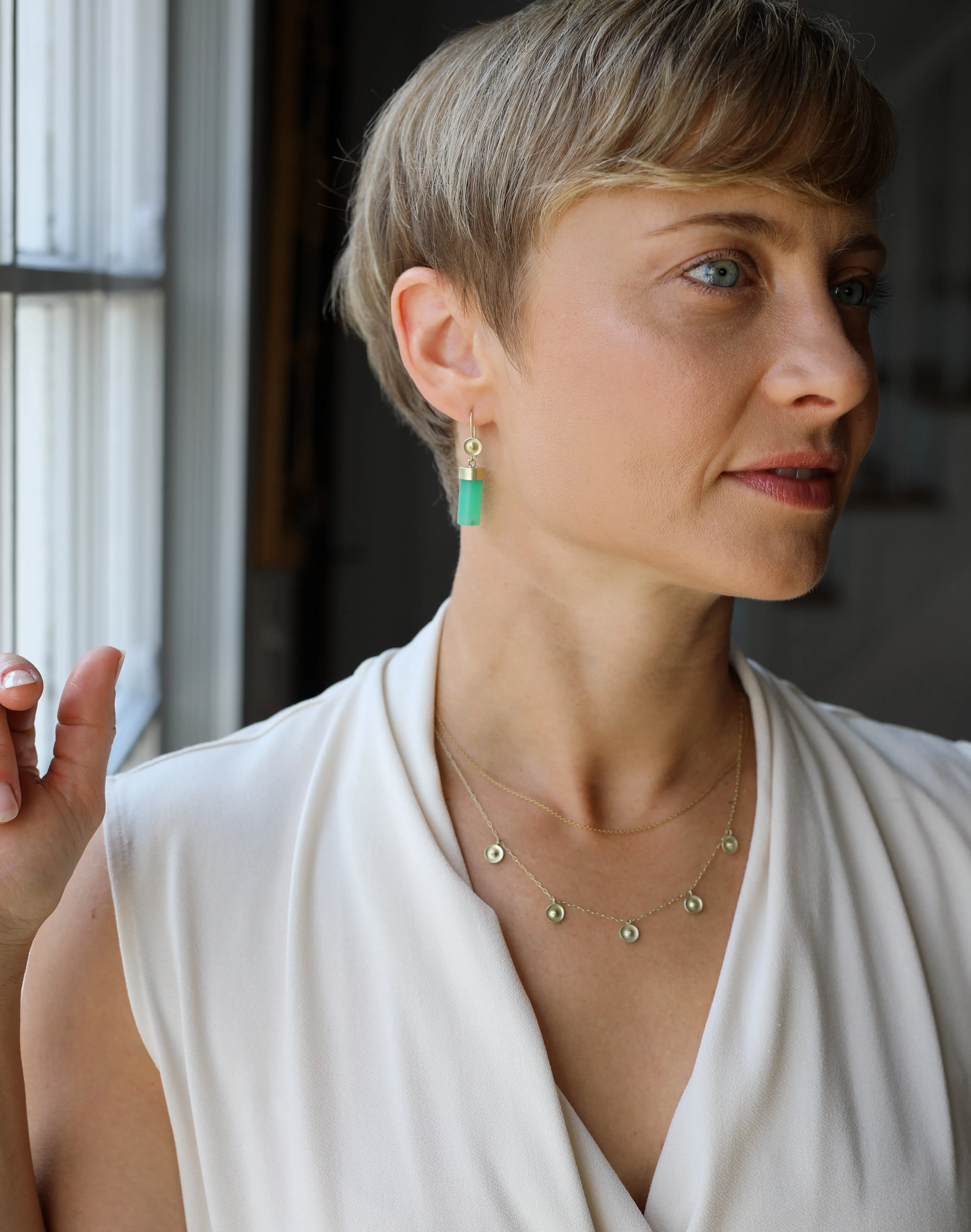 Temple Earrings with Chrysoprase Cylinders