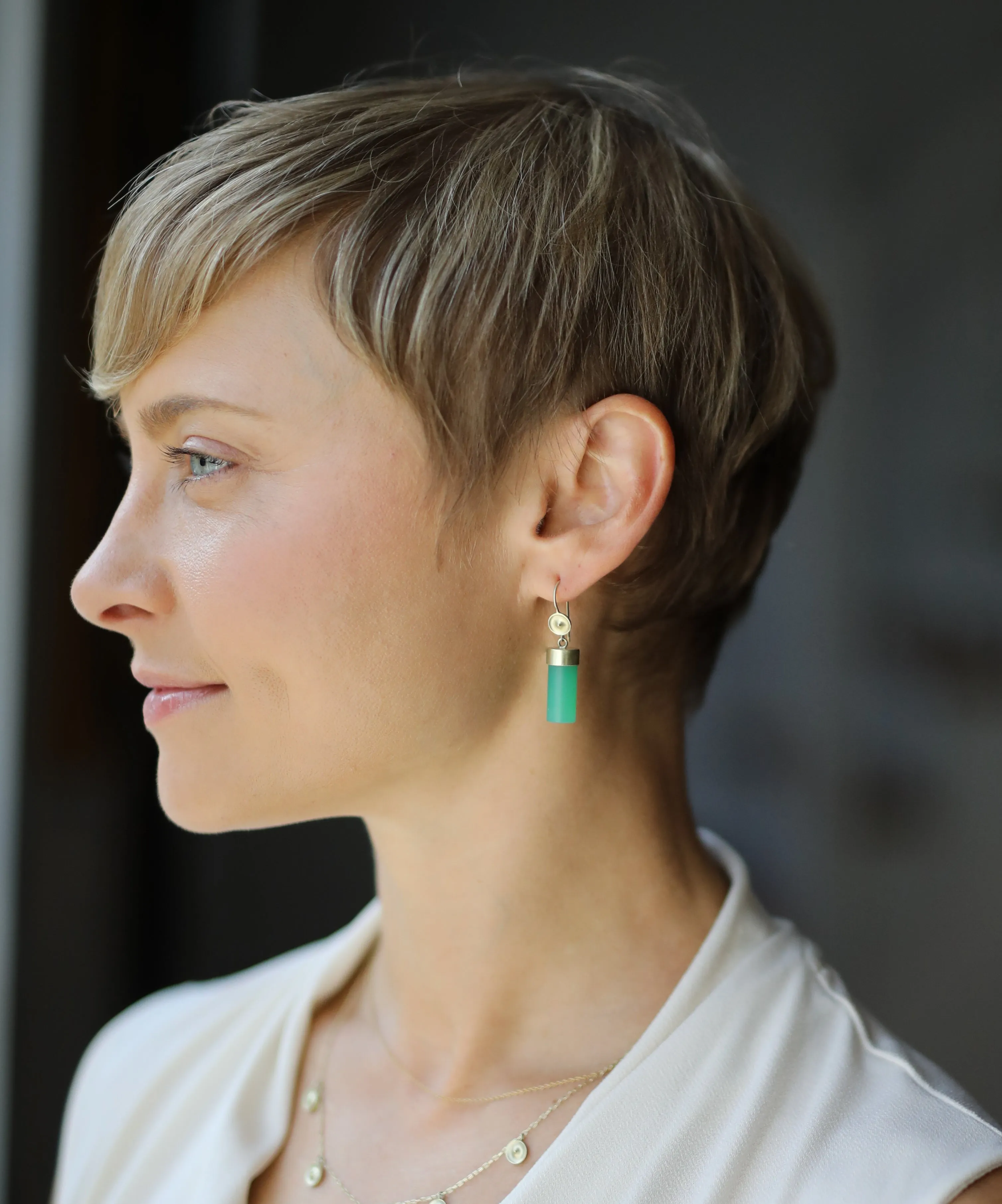 Temple Earrings with Chrysoprase Cylinders