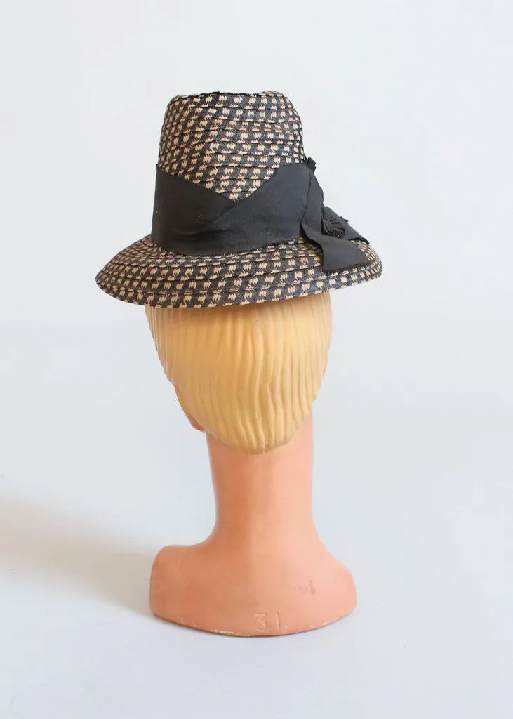 Vintage Late 1930s Art Deco Straw Fedora
